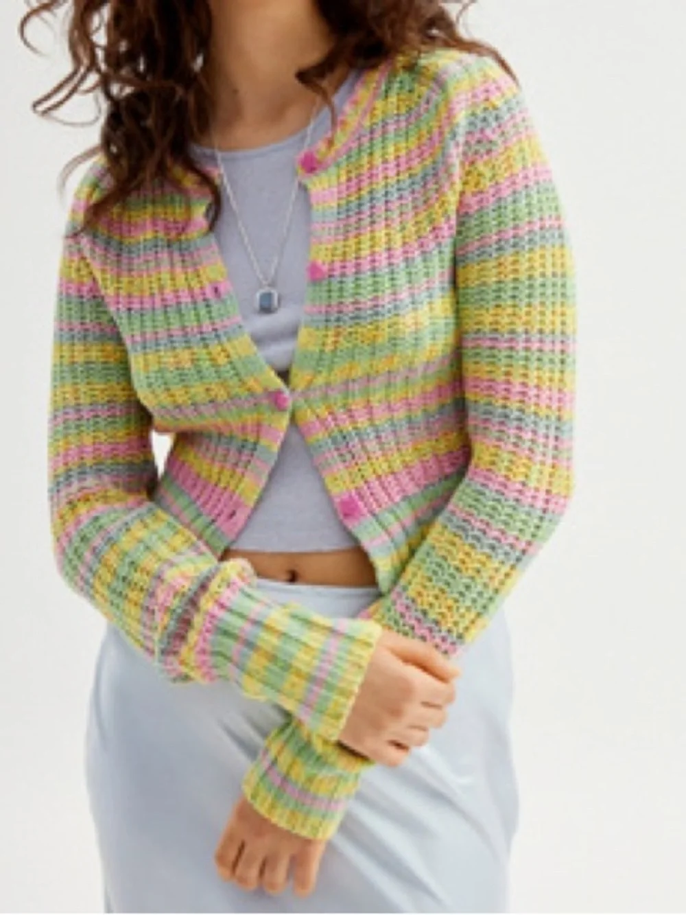 Urban Outfitters Striped Pastel Mini Cardigan Flower Buttons Small